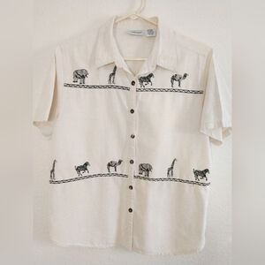Cute Cabin Creek Embroidered Safari Animals Camp Shirt Linen Blend Large
